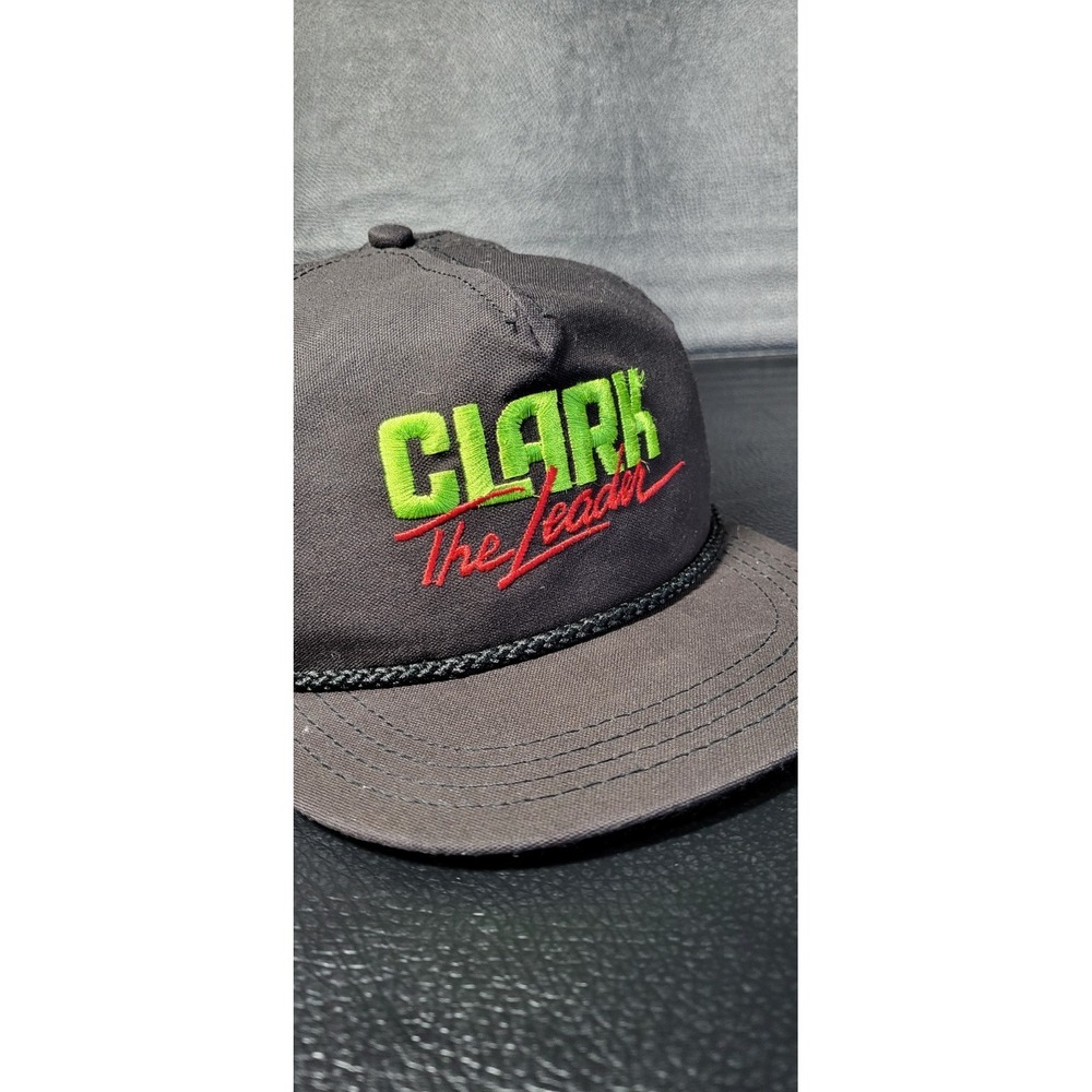 Vintage 80s‎ Clark The Leader Trucker Hat Leather Strap Snapback Black Mesh